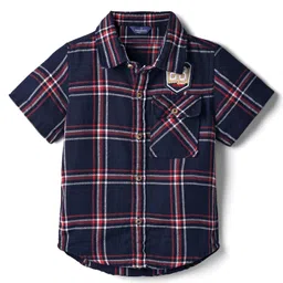 INFINITY Cotton Woven Half Sleeves Tartan Checked & 23 Number Patch Shirt - Navy Blue & Red-picture-12