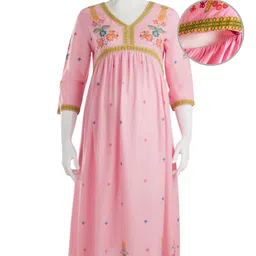 Bella Mama Woven Three Forth Sleeves Floral Printed Yoke Maternity Dress With Border Detailing - Pink-picture-12