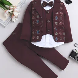 Fourfolds Woven Full Sleeves Floral Embroidered 3 Piece Party Suit Set With Bow - Wine-picture-21