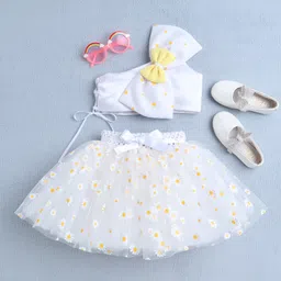 TINY MINY MEE Satin Woven Sleeveless Floral Printed Bow Applique Detailed Top & Skirt Set - White-image-36