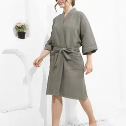 HotGown Olive Green Textured Pure Cotton Waffle Bathrobe image 3