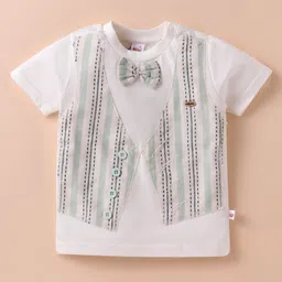 WOW Clothes Cotton Knit Half Sleeves Waistcoat Attached T-Shirt & Shorts Set with Bow Applique & Stripes - Light Green image 2