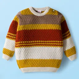 Babyhug Knit Full Sleeves Pullover Sweater & Pant Set with Color Block Design - Mustard & Brown image 2