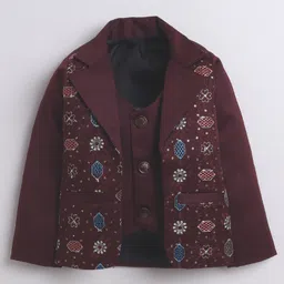 Fourfolds Woven Full Sleeves Floral Embroidered 3 Piece Party Suit Set With Bow - Wine image 3