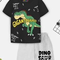 Trampoline Cotton Blend Pack Of 2 Half Sleeves Dinodaur & Space Theme Printed Tees With Shorts Set - Multi Colour image 4