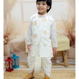 BownBee Full Sleeves Floral Foil Printed Kurta Dhoti With Jacket Set - White image 5