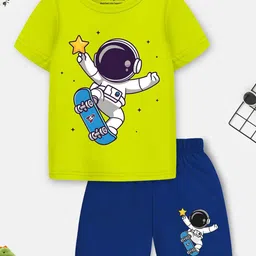 Trampoline Cotton Blend Pack Of 2 Half Sleeves Dinodaur & Space Theme Printed Tees With Shorts Set - Multi Colour image 5