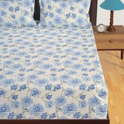 SWAYAM White & Blue Floral Flat 300 TC Cotton Bedsheet with 2 Pillow Covers-picture-24