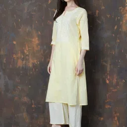 Melange By Lifestyle Yellow Cotton Regular Fit Embroidered Kurta image 3