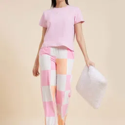 Sweet Dreams Pink & White Cotton Chequered T-Shirt Pyjama Set image 3