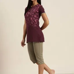 Sweet Dreams Purple & Grey Cotton Floral Print T-Shirt Capris Set image 3