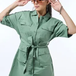 Bewakoof Green Oversized Solid Mini Dress with belt image 3