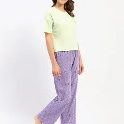MADAME M Secret Green & Purple Cotton Graphic Print T-Shirt With Pyjamas image 3