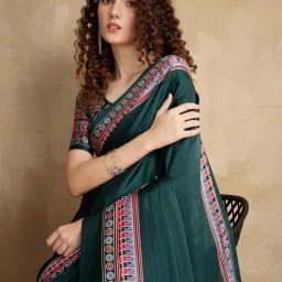 Saree Mall Green Satin Self Saree with Blouse Piece image 3