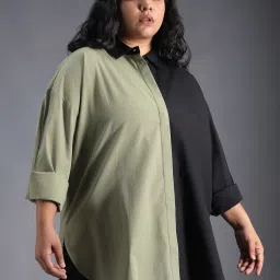 High Star Black & Olive Cotton Color-Block Oversized Shirt image 3