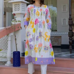 Indo Era Off White Cotton Regular Fit Printed Kurta with Pant image 3