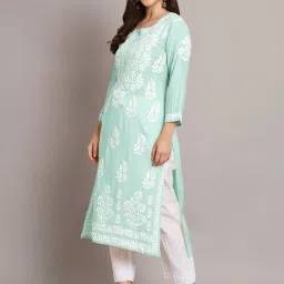 PARAMOUNT CHIKAN Sea Green Hand Embroidered Chikankari Straight Kurta image 3
