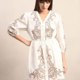 Vero Moda White Cotton Flared Fit Embroidered Dress-image-14