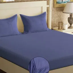Klotthe Blue Cotton Blend Printed 300 TC King Fitted Bedsheet with 2 Pillow Covers-image-21