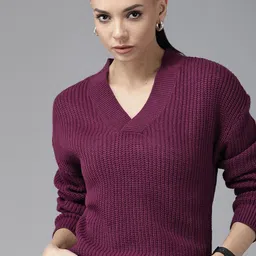 Roadster Women Purple Ribbed Pullover-image-16