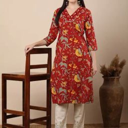 Fashor Red Pure Cotton Printed Three-Quarter Sleeves Kurta-picture-35