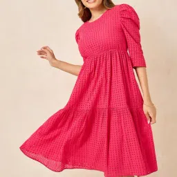 Styli Pink Cotton Self Pattern A-Line Dress-image-18
