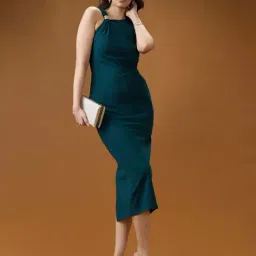 Globus Women Green One Shoulder Twisted Detail Back Slit Midi Bodycon Party Dress-image-18