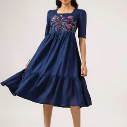 HAY Women Floral Embroidered Puff Sleeve Tiered Pleated Detail Fit and Flare Midi Dress image 1