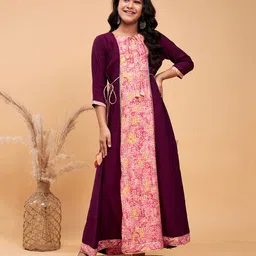 stylobug Stylo BugThree Fourth Sleeves Ethnic Motif Printed & Gotta Laced EmbellishedGown - Purple-picture-23