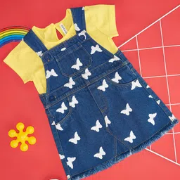 Pantaloons Baby Cotton Butterflies Printed Dungaree With Half Sleeves Solid Tee Set - Yellow & Blue-picture-15