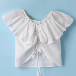 kookie kids india Kookie Kids Cotton Woven Frill Sleeves Bobby Top with Front Adjustable Cord - White-picture-11