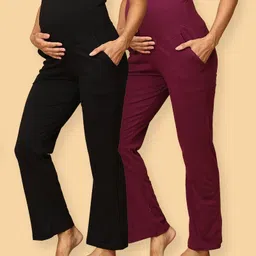 The Mom Store Pack Of 2 Cotton Spandex Solid Maternity Track Pants - Black & Wine-picture-23