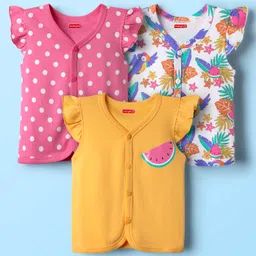 Babyhug 100% Cotton Knit Frill Sleeves Front Open Vests with Tropical Theme & Polka Dots Print Pack of 3 - Pink Yellow & White-picture-30