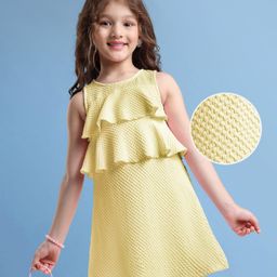 Hola Bonita Woven Sleeveless Solid Colour Textured Frock with Frill Detailing- Light Yellow-picture-49