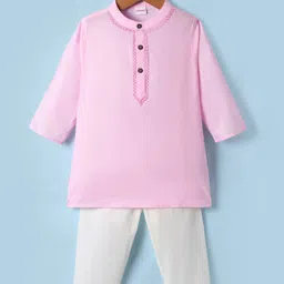 Babyhug Woven Full Sleeves Solid Colour Kurta Pajama Set - Pink & White image 1