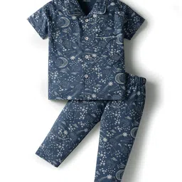 Pink Rabbit Single Jersey Knit Half Sleeves Co-ords Night Suit with Star Print - Navy Blue-picture-11