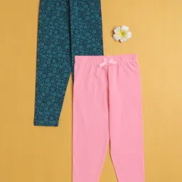 BUMZEE Cotton Knit Full Length Leggings With Floral Print Pack Of 2 - Pink & Navy Blue-picture-25