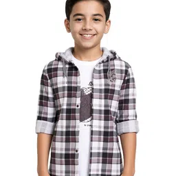 CAVIO Cotton Woven Full Sleeves Tartan Checked Hooded Shirt With Tee Set - Magenta-picture-20