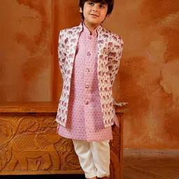 AJ Dezines Jacquard Woven Floral Printed Kurta & Pant With Full Sleeves Sherwani Jacket Set - Pink-picture-21