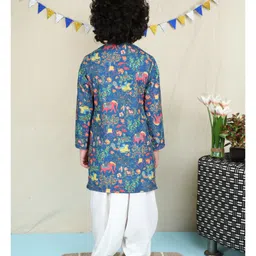 BAATCHEET Cotton Woven Full Sleeves Animals Printed & Threadwork Embroidered Dhoti Kurta Set - Navy Blue image 3