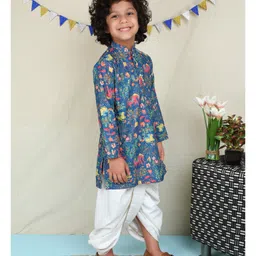 BAATCHEET Cotton Woven Full Sleeves Animals Printed & Threadwork Embroidered Dhoti Kurta Set - Navy Blue image 4