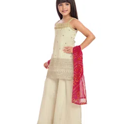 Tiny Kingdom Woven Sleeveless Floral Embroidered Mirror Work Detailed Kurti & Palazzo With Dupatta Set - Cream image 4