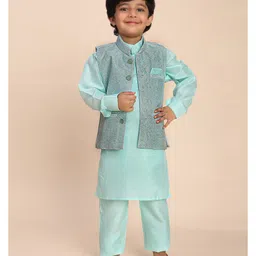 P-MARK Silk Woven Full Sleeves Solid Kurta Pant With Abstract Embroidered Jacket Set - Firozi image 4