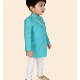 little desi Dupion Silk Full Sleeves Ethnic Foil Motifs Printed Kurta Pyjama With Necklace Set - Firozi Blue image 5