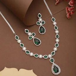 Saraf RS Jewellery Silver Toned Green AD & Pearl Beaded Minimal Designer Jewellery Set-picture-14