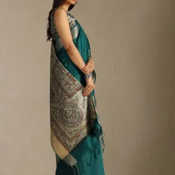 Soch Teal Tussar Solid Saree With Stitched Blouse image 3