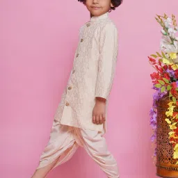 Little Bansi Kids Cream Embroidered Full Sleeves Sherwani with Dhoti image 3