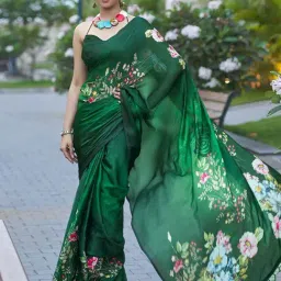 Satrani Green Printed Saree With Unstitched Blouse-picture-21