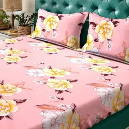 Klotthe Pink Cotton Blend Printed 300 TC King Fitted Bedsheet with 2 Pillow Covers image 3