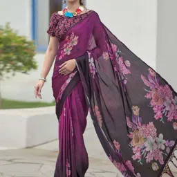 Satrani Purple & Black Printed Saree With Unstitched Blouse-image-47